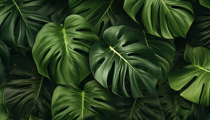Green tropical palm leaves Monstera dark background - obrazy, fototapety, plakaty