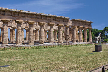 The Basilica (also known as the temple of Hera) one of the perfectly preserved temples present in the archaeological park of Paestum, Salerno, Italy (1)