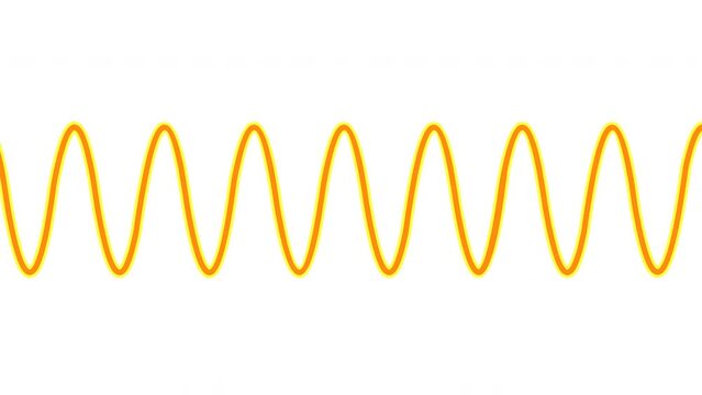 Sound wave stream animation. Short wavelength to long, audio frequency. Yellow grow line. High, low amplitude, pitch, voltage, herts. Flowing pan. For medical, music, earthquake, education, ac footage