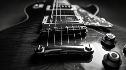 Fototapeta na wymiar Detailed close up of a stylish black czaran electric guitar against a sophisticated dark backdrop.