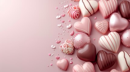 Close up view of beautiful chocolate candies on pastel gradient color background