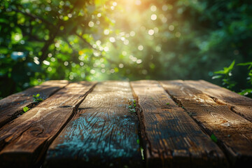 Wooden Table in Forest - obrazy, fototapety, plakaty