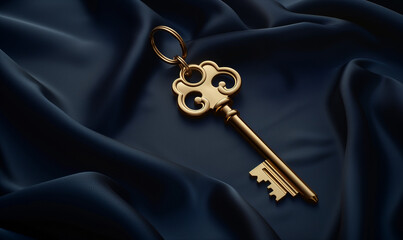 Antique Gold Key on Luxurious Navy Fabric, Exclusive Access Elegance

