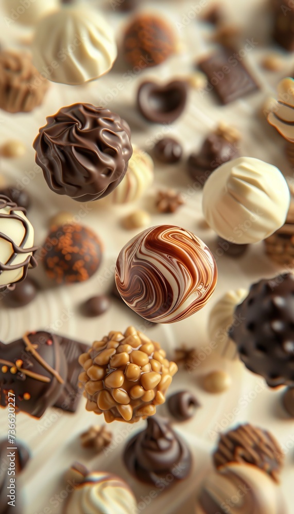 Aufkleber assorted chocolate candies floating on pastel gradient background with copy space, close up view