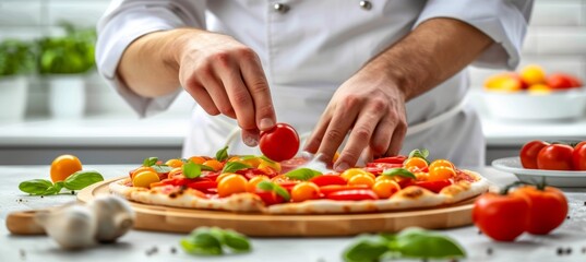 Obraz na płótnie Canvas Modern kitchen restaurant chef preparing pizza, adding ingredients with space for text placement