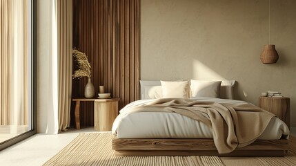 Wood bedside cabinet near bed with beige blanket. Farmhouse interior design of modern bedroom with lining wall and beam ceiling. copy space for text.