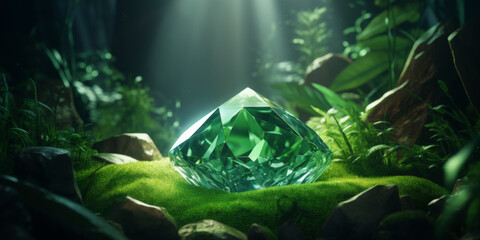 emerald gem on moss background with nature on the background, generative AI