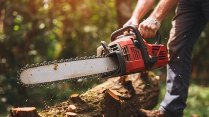 Construction worker operating gasoline chainsaw for tree cutting in close up shot