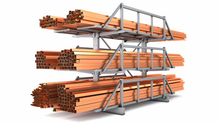 Copper square pipes. Rack for storing rolled metal products on a white background. 3d illustration