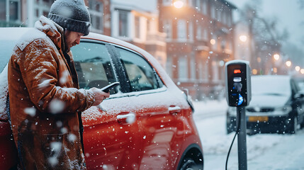 Man charging electric car during cold snowy day, using electric vehicle charging app, checking battery life, energy consumption on smart phone. Charging and driving electric vehicles during winter
