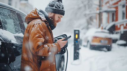 Man charging electric car during cold snowy day, using electric vehicle charging app, checking battery life, energy consumption on smart phone. Charging and driving electric vehicles during winter