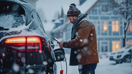Man charging electric car during cold snowy day, using electric vehicle charging app, checking battery life, energy consumption on smart phone. Charging and driving electric vehicles during winter