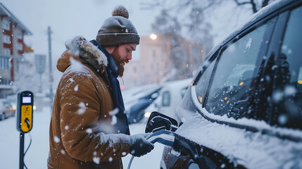 Man charging electric car during cold snowy day, using electric vehicle charging app, checking battery life, energy consumption on smart phone. Charging and driving electric vehicles during winter