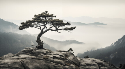 mountain landscape of a pine tree and rock on the rocky top of a hill