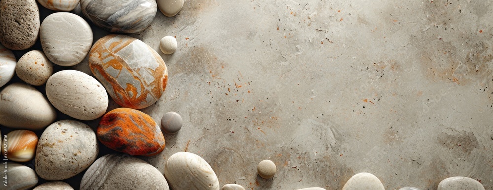 Poster a collection of pebble stones arranged closely together on a neutral background, creating an interes