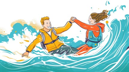 cartoon funny illustration of man and woman having fun together on the in the water. Couple wearing rubber belt.