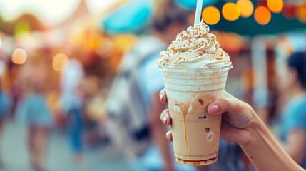 Customer savoring iced coffee with a straw in cafe, blurred background, text space
