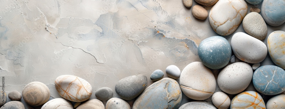 Poster a collection of various rocks stacked on top of a wall in a balanced arrangement.