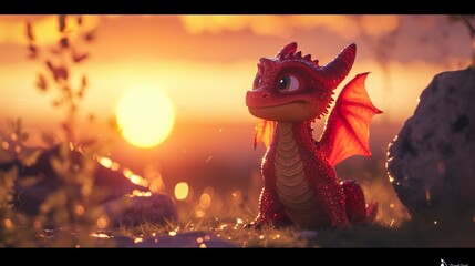 3D cartoon of cute adorable dragon illuminated by sunlight