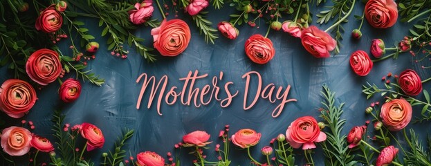 A wall adorned with lush red flowers and the words Mothers Day elegantly written on it.