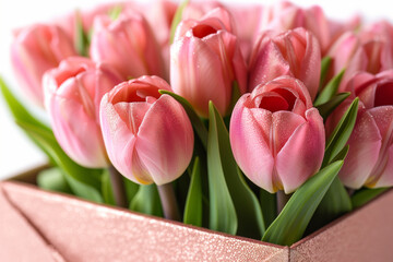 Pink tulips in gift box.