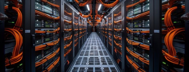 A photo showcasing a bustling server room with numerous orange wires connecting the equipment.