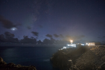 Night sky over lighthouse of Cabo de Sao Vicente with Milky Way and planet Venus, Sagres, Algarve,...