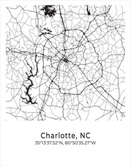 Charlotte city map. Travel poster vector illustration with coordinates. Charlotte, North Caroline, The United States of America Map in light mode.