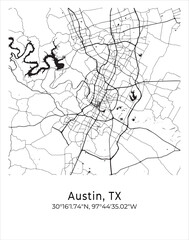 Austin city map. Travel poster vector illustration with coordinates. Austin, Texas, The United States of America Map in light mode.