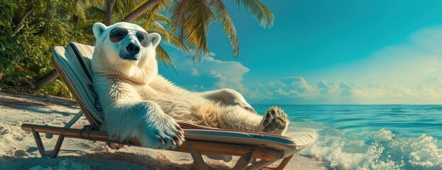 A polar bear wearing sunglasses relaxes on a beach chair by the water.