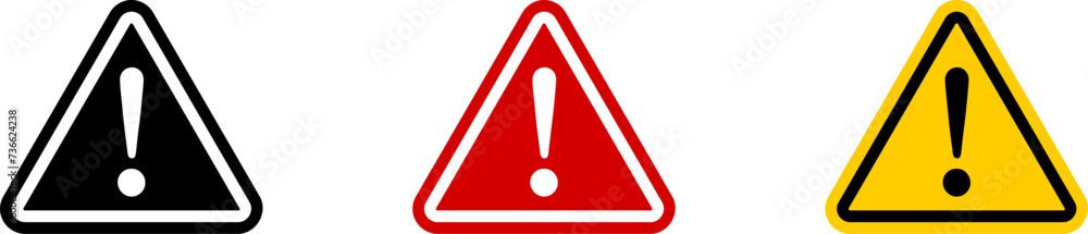 Poster red yellow black and white triangular warning or attention sign with exclamation mark icon set. vect