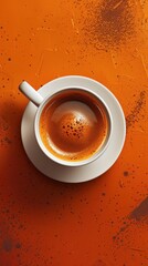 A vibrant cup of aromatic hot coffee sits on top of a bright orange table.