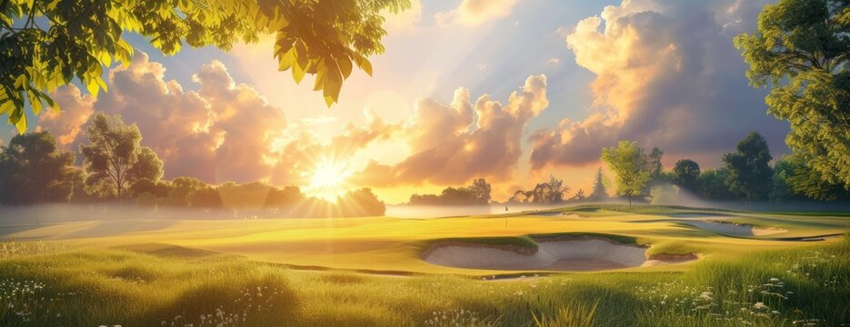 A painting depicting a golf course at sunset, showcasing the beautiful sky and sand.