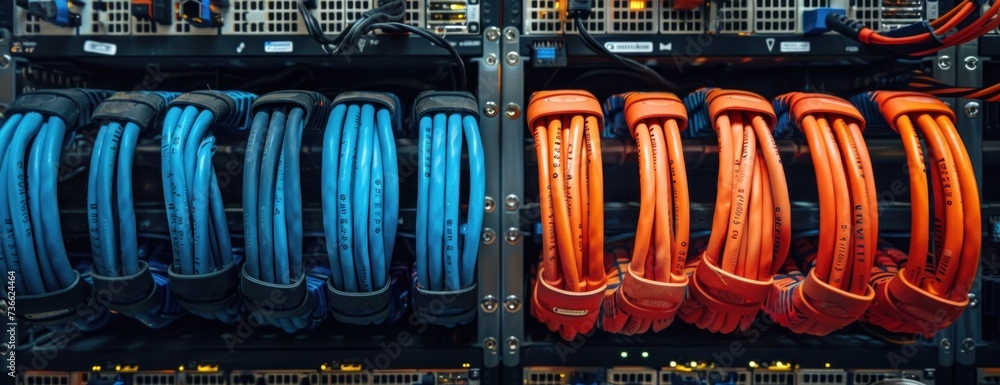 Poster a photo showcasing a network cable used in a data center, surrounded by a rack of cables in a server