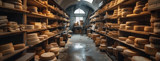 This photo showcases a vast room with numerous shelves filled with a variety of delectable cheeses. - obrazy, fototapety, plakaty