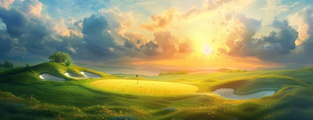 A painting showcasing a golf course at sunset, featuring a stunning sky and sandy terrain. - obrazy, fototapety, plakaty