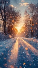 Fototapeta na wymiar A winter scene showcasing a snowy road with the sun shining through a canopy of trees.