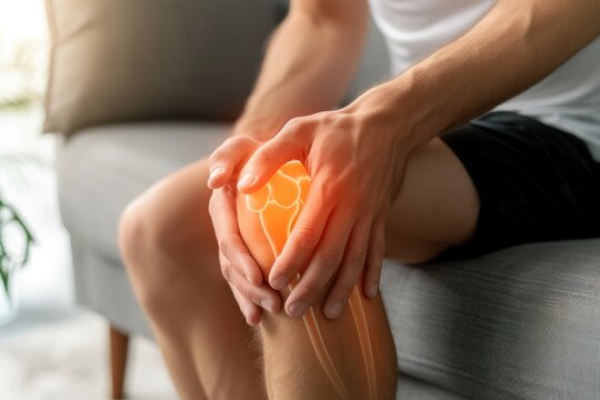 Man sitting on a couch and holding his knee. he having knee pain. Generative AI.