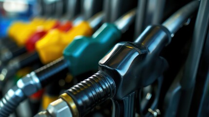 Close up of diesel and petrol fuel pistols at a gas station. The fuel crisis continues and the cost of fuel is going up - obrazy, fototapety, plakaty