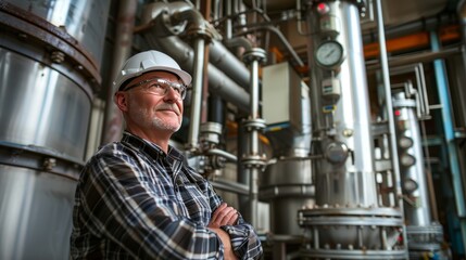 Fototapeta premium Confident male industrial engineer with arms crossed in manufacturing plant leadership concept