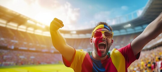 Argentinian fan with face paint cheering at sports event with stadium backdrop and copy space - obrazy, fototapety, plakaty