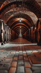 Fototapeta premium A photo showing rows of old oak wine barrels lined up in a vintage wine cellar, highlighting the production of 960 barrels.