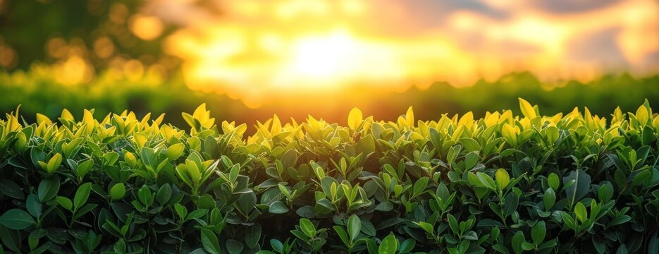 A stunning image capturing the sun setting behind a field of meticulously trimmed green bushes.