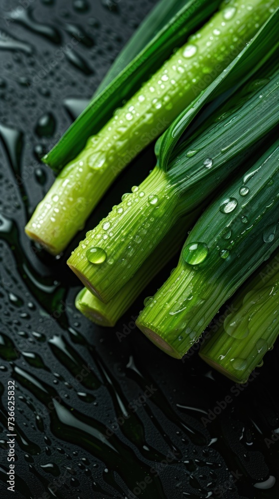 Poster a detailed view of celery with tiny water droplets on its surface, showcasing its texture and freshn