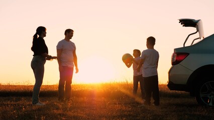 child kid crush father traveling sunset, happy family, joyful cheerful family with child, enjoying...