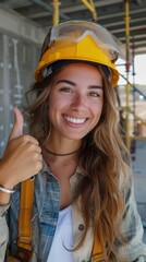A female construction worker expressing positivity and approval by giving a thumbs up on her first day at work.