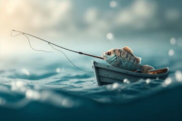 A fish in a boat on the open ocean, casting a line for his catch, surrounded by vast blue waters and the promise of a fruitful haul