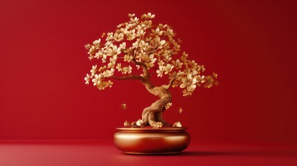 Fototapeta premium Auspicious chinese decorative plant with gold coated over on red background