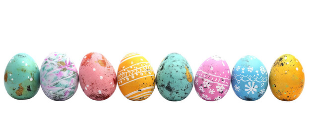 Decorated pastel color Easter eggs on a row over isolated transparent background - obrazy, fototapety, plakaty