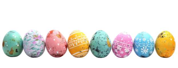 Decorated pastel color Easter eggs on a row over isolated transparent background